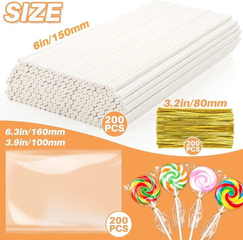 Rainflow 600 Pcs Cake Pop Sticks and Wrappers Kit - Lollipop Sticks and Wrappers Including 200ct Cake Pop Stick,200ct Treat Bags,200 Pcs Twist Ties for Cakepop, Lollipop, Candy, Chocolate - Image 2